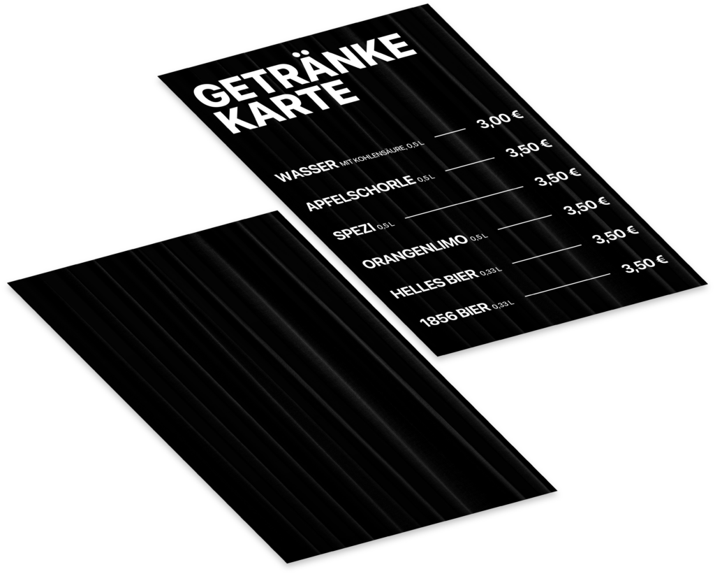 Mockup der Getränkekarte für die Zauberkunstveranstaltung "Freytagszauber", Vorder- und Rückseite.